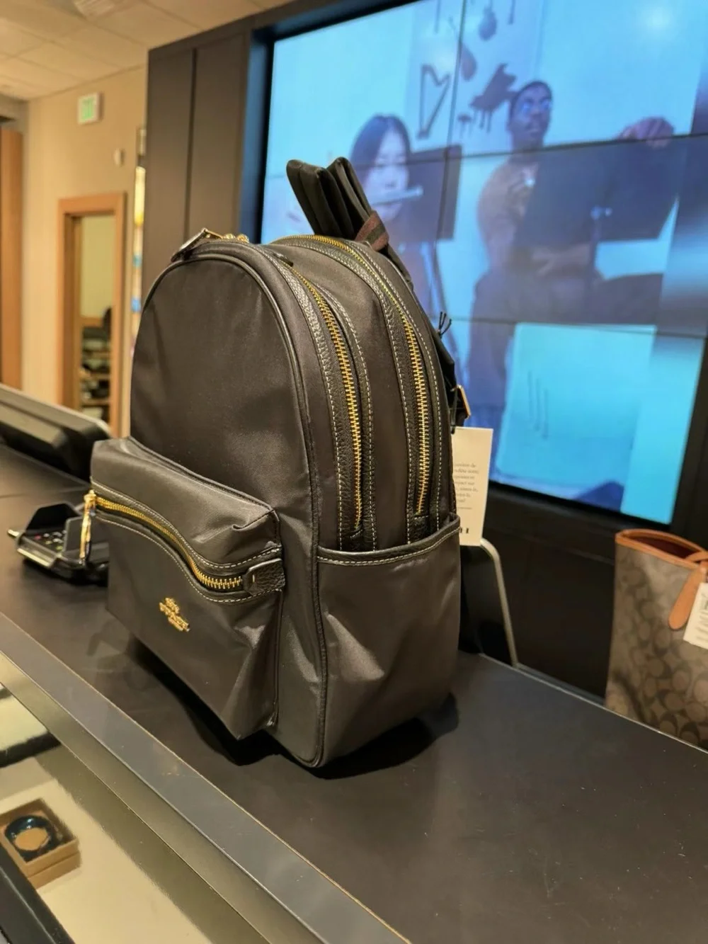 Coach Black Nylon Mini Backpack with Gold Hardware Ring Detail